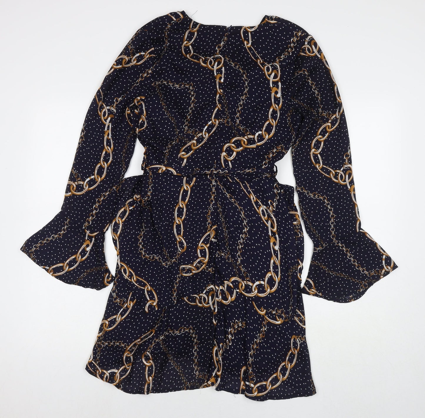 In the Style Womens Blue Polka Dot Polyester A-Line Size 10 V-Neck Zip - Chain Detail