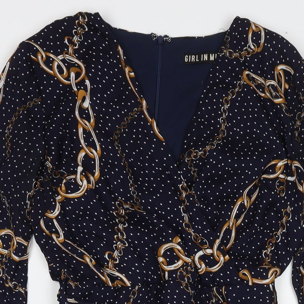 In the Style Womens Blue Polka Dot Polyester A-Line Size 10 V-Neck Zip - Chain Detail