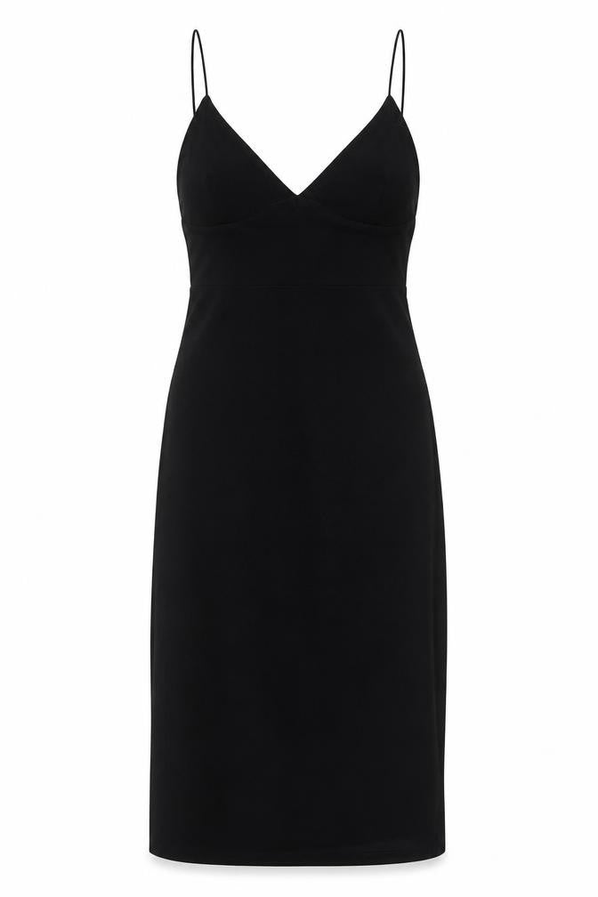 Front view of Club L women’s black polyester slip dress, size UK 10, v-neck pullover