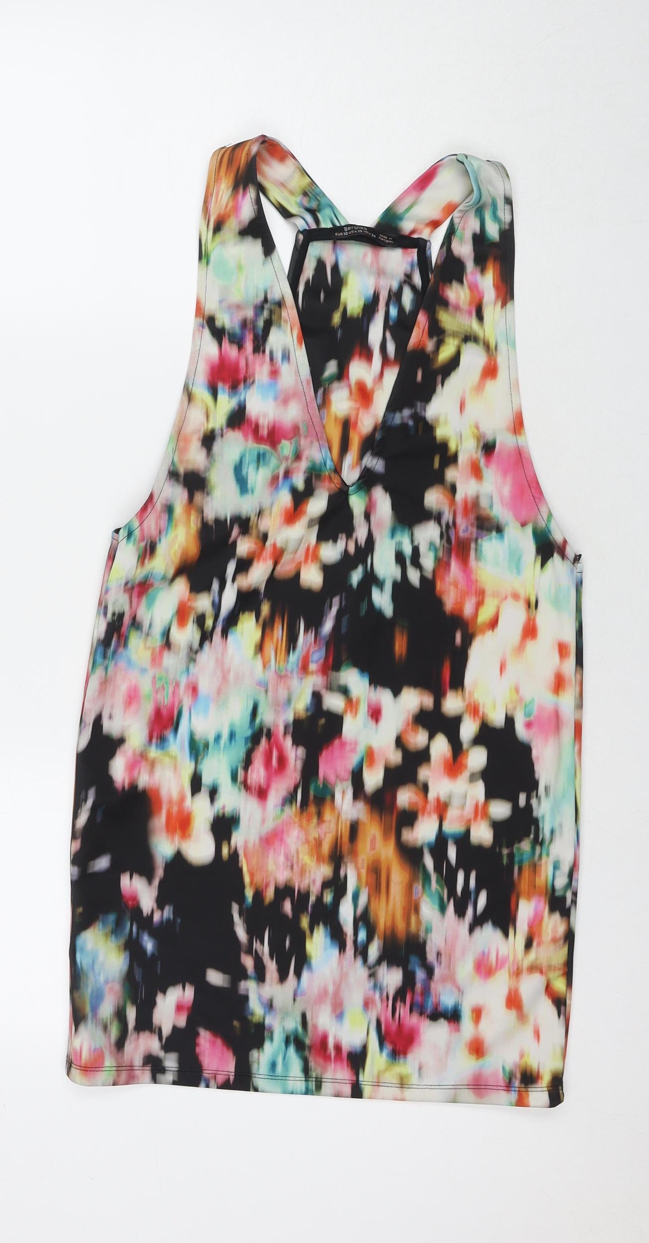 Bershka Womens Multicoloured Floral Polyester Basic Tank Size XS Round Neck