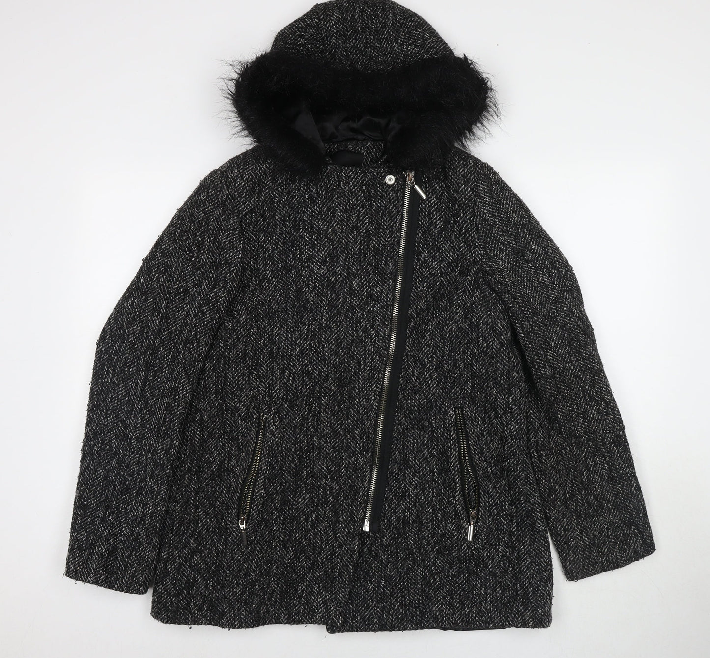 New Look Womens Black Overcoat Jacket Size 12 Zip