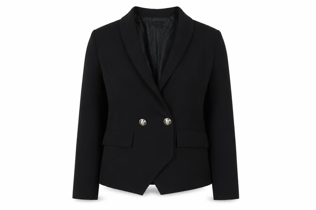 Front view of I SAW IT FIRST women’s black jacket blazer, size UK 8, button