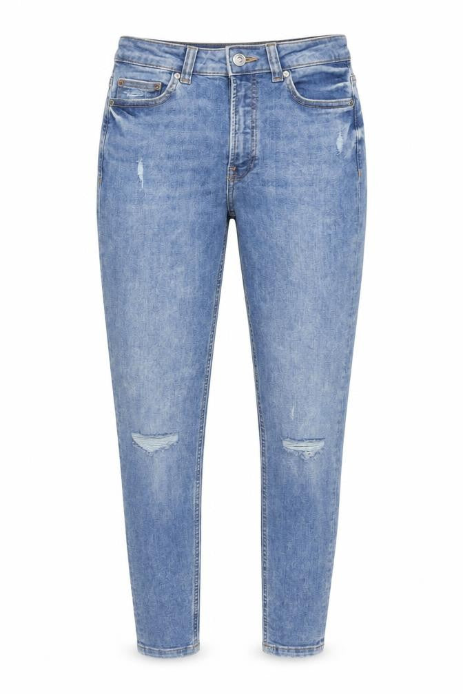 Front view of Denim & Co. women’s blue cotton blend tapered jeans, size UK 8, 27.5-inch leg regular zip