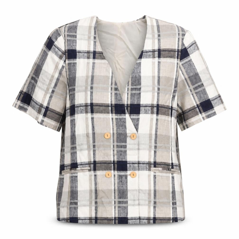Front view of Fashion Extra women’s beige check jacket, size UK 16, button - double breasted