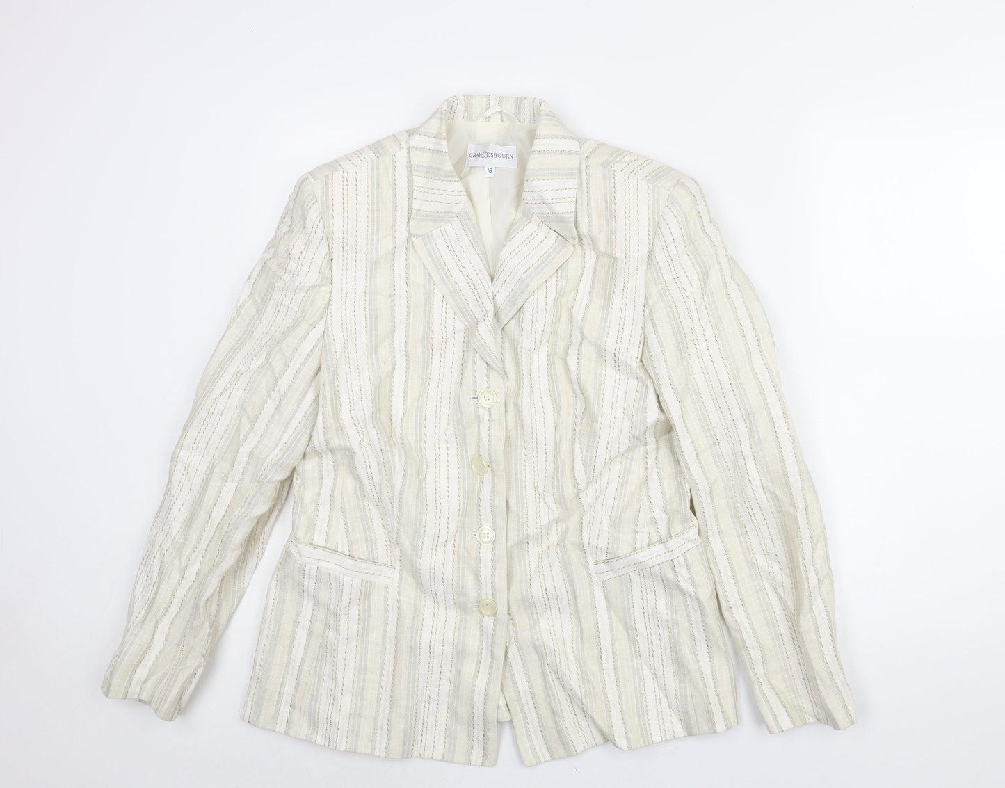 Gray & Osbourn Womens Ivory Striped Jacket Blazer Size 16 Button