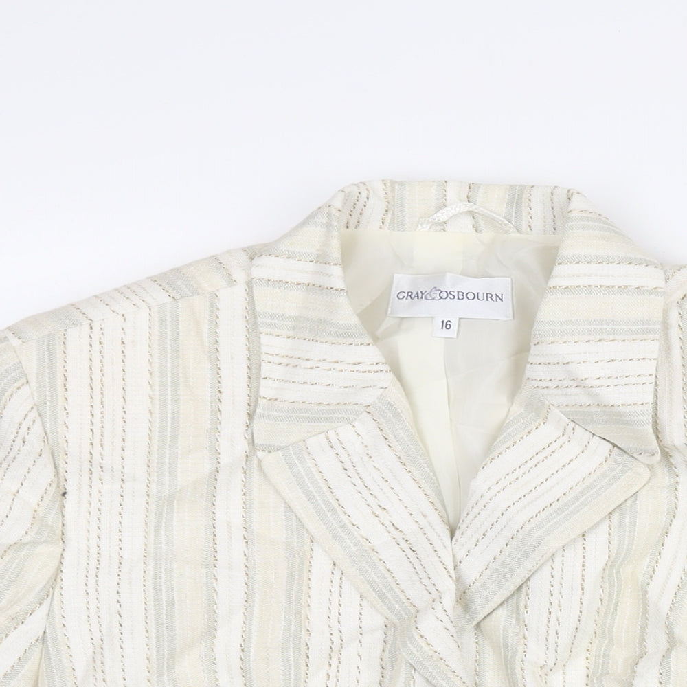 Gray & Osbourn Womens Ivory Striped Jacket Blazer Size 16 Button