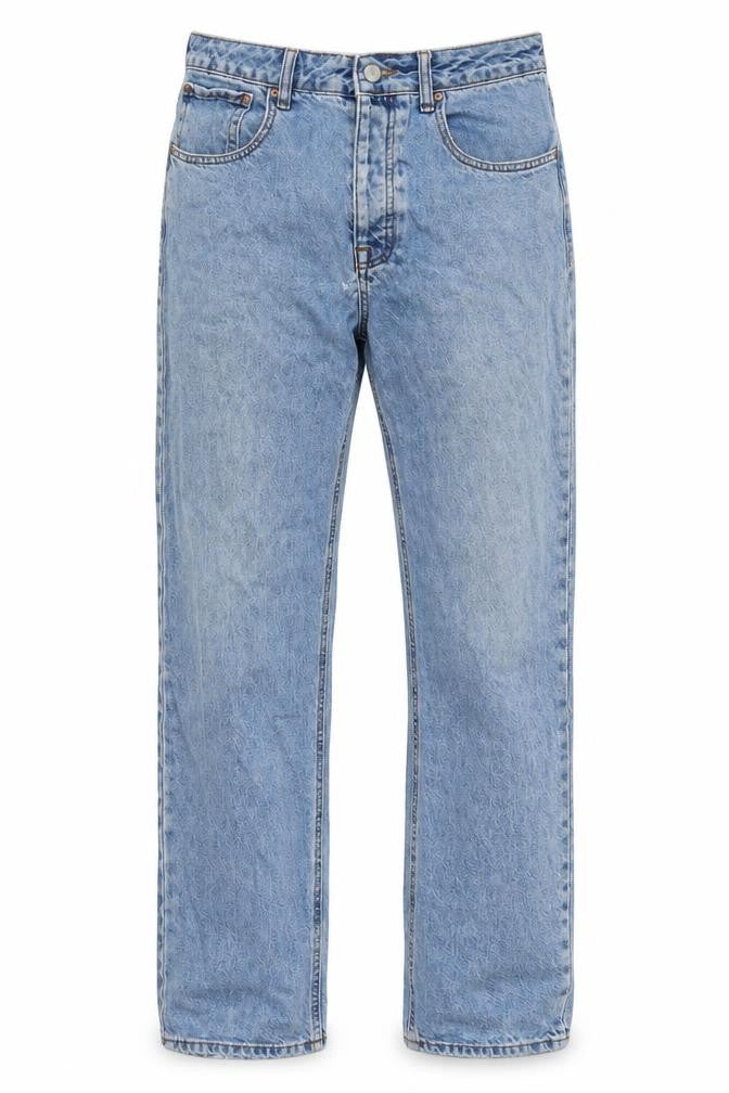 Front view of ASOS men’s blue cotton straight jeans, size 30, in, 32-inch leg regular button - fraying to hem.