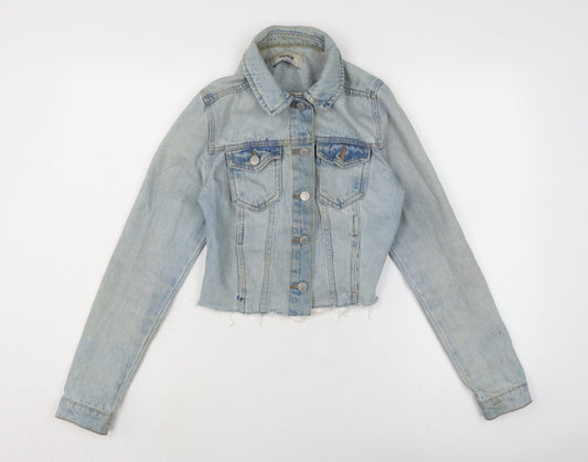 New Look Womens Blue Biker Jacket Size 6 Button - Raw Hem - In need of freshen up.