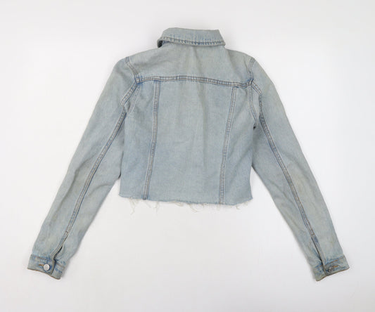 New Look Womens Blue Biker Jacket Size 6 Button - Raw Hem - In need of freshen up.