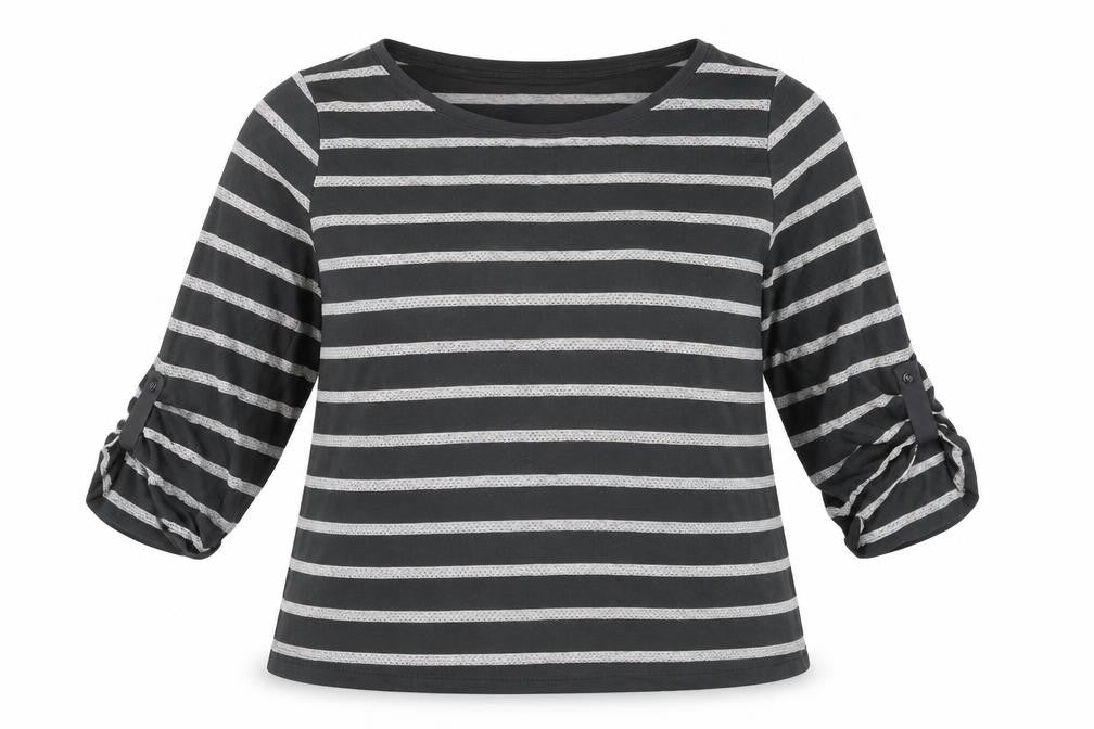 Marks and Spencer Womens Grey Striped Polyester Basic T-Shirt Size 16 Round Neck