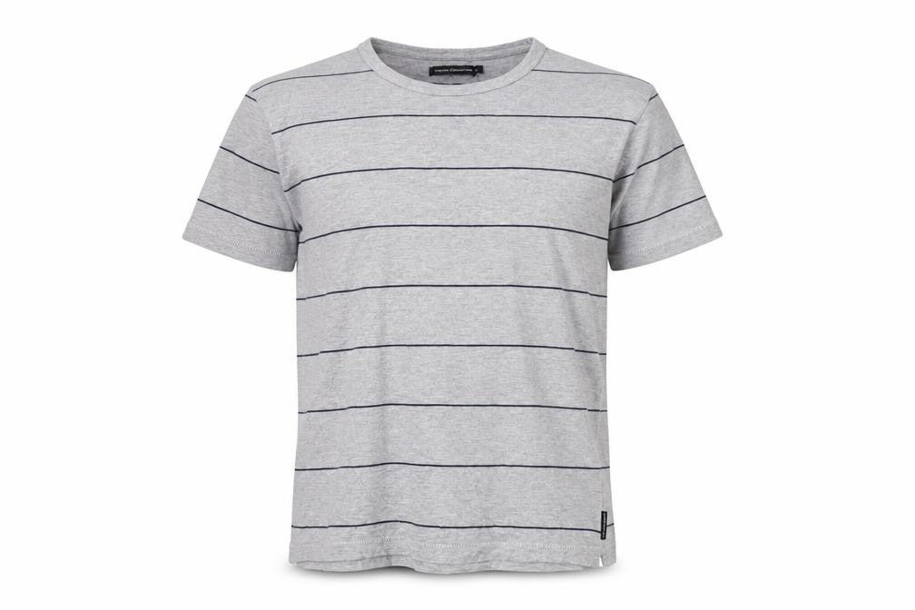 Front view of French Connection men’s grey striped cotton t-shirt, size L, round neck
