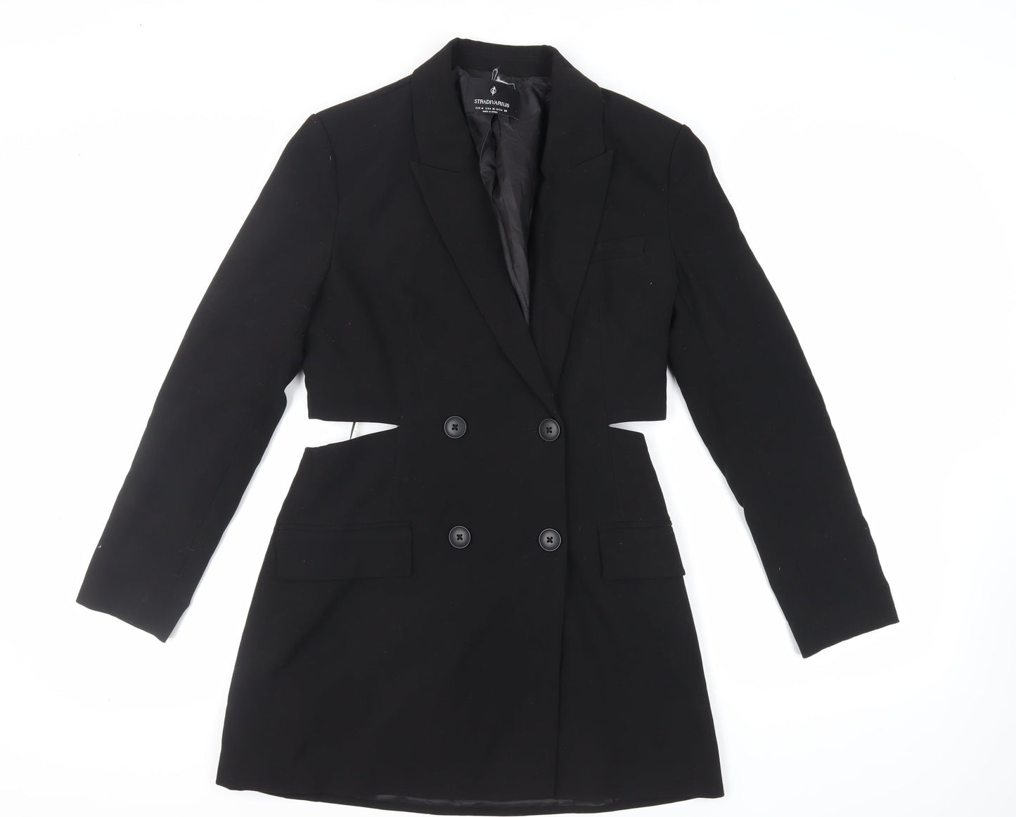 Stradivarius Womens Black Polyester Jacket Dress Size M Collared Button - Cut Out