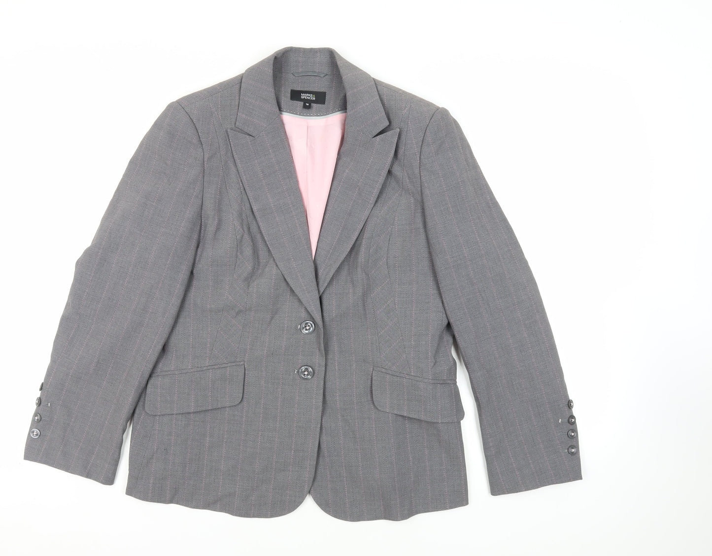 Marks and Spencer Womens Grey Striped Jacket Blazer Size 18 Button