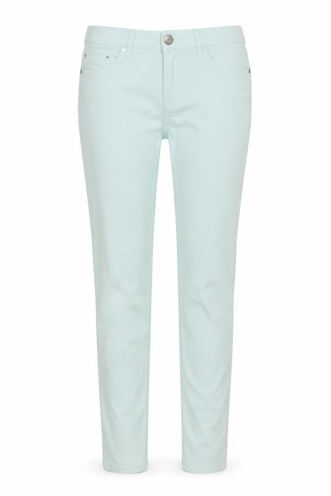 Front view of Principles women’s green cotton skinny jeans, size UK 8, 24-inch leg regular button