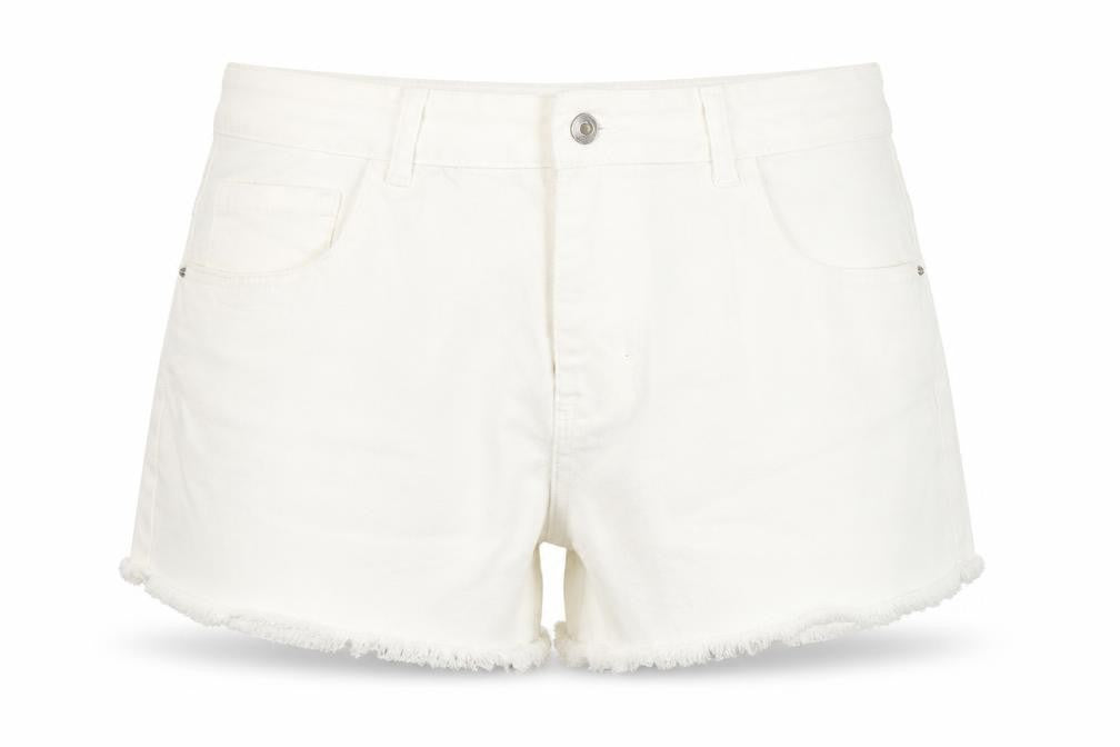 Front view of Denim & Co. women’s white cotton hot pants shorts, size UK 16, 4-inch leg regular button