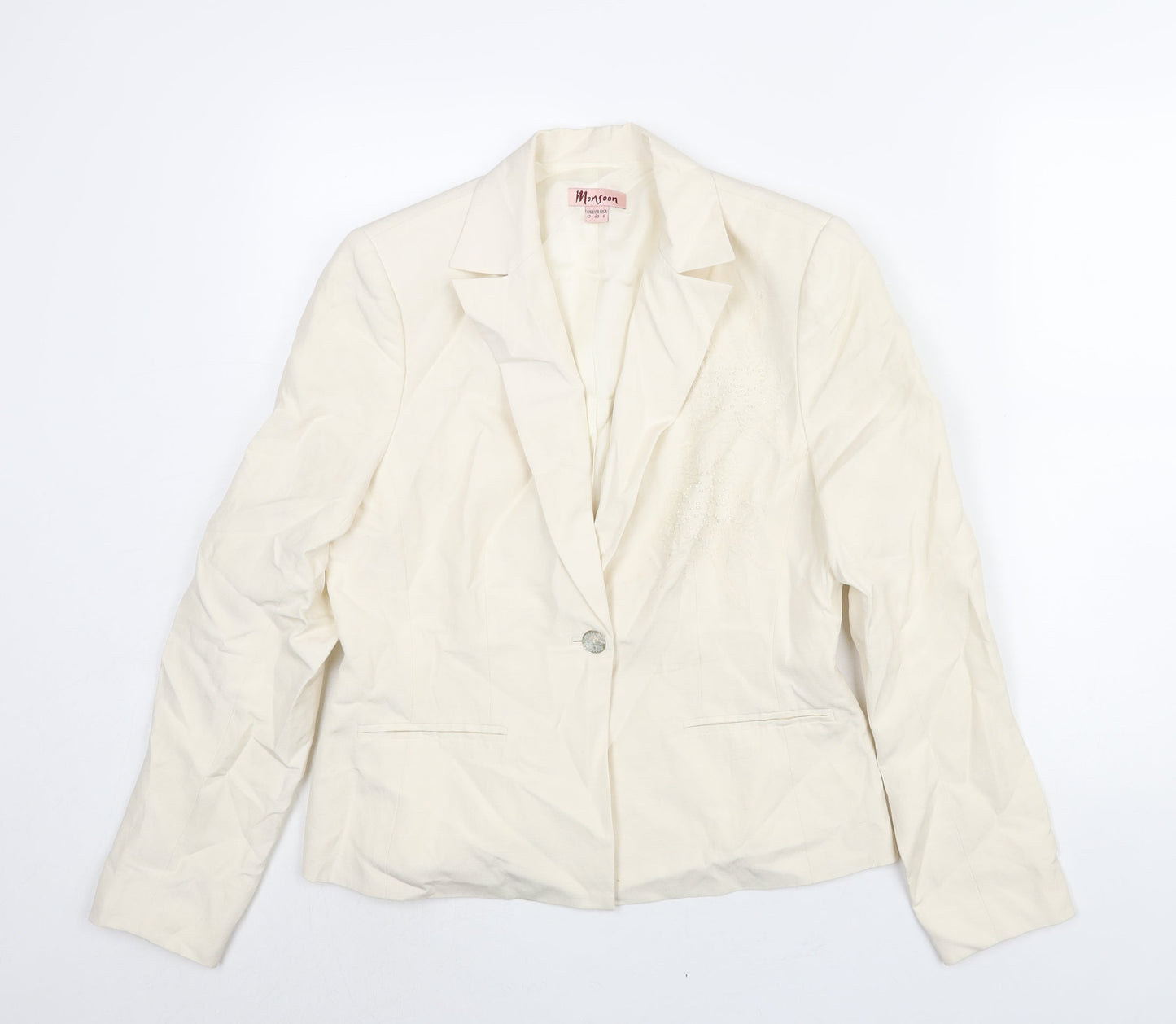 Monsoon Womens Ivory Jacket Blazer Size 12 Button - Floral Beading Emboirdery Detail
