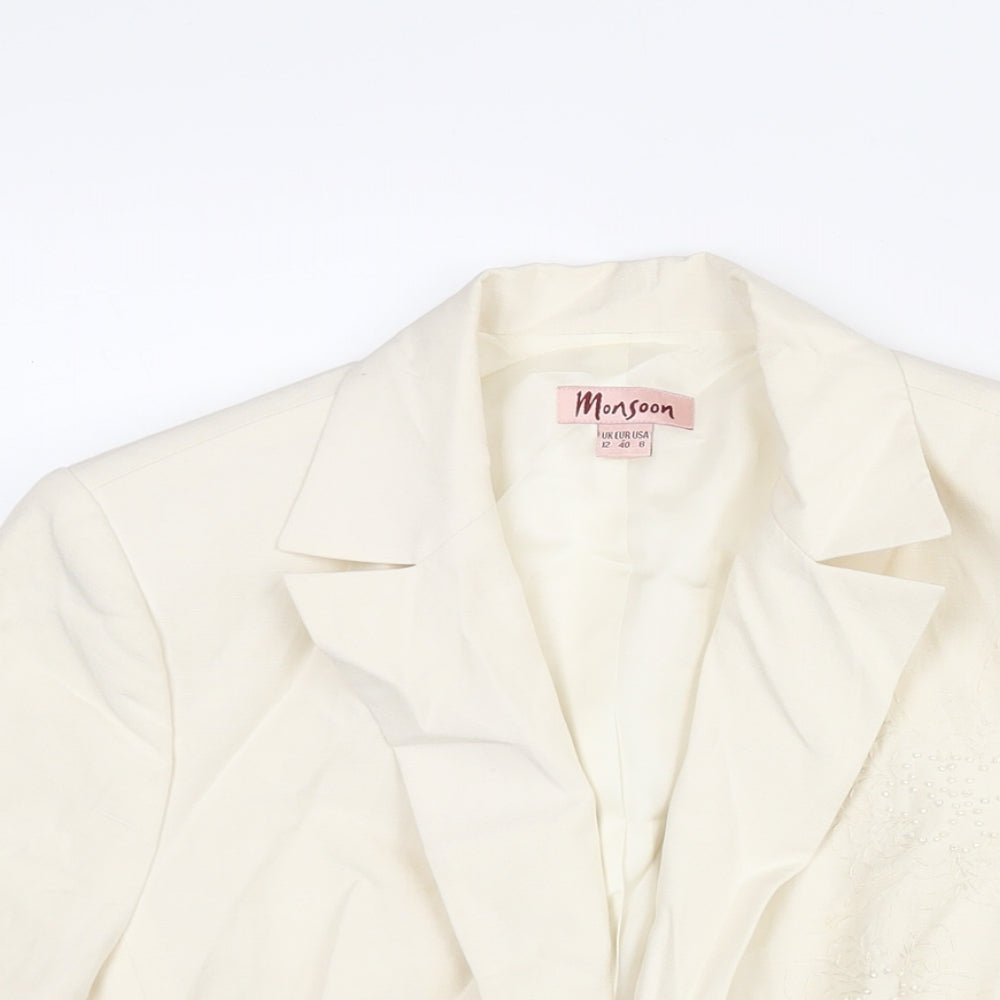 Monsoon Womens Ivory Jacket Blazer Size 12 Button - Floral Beading Emboirdery Detail