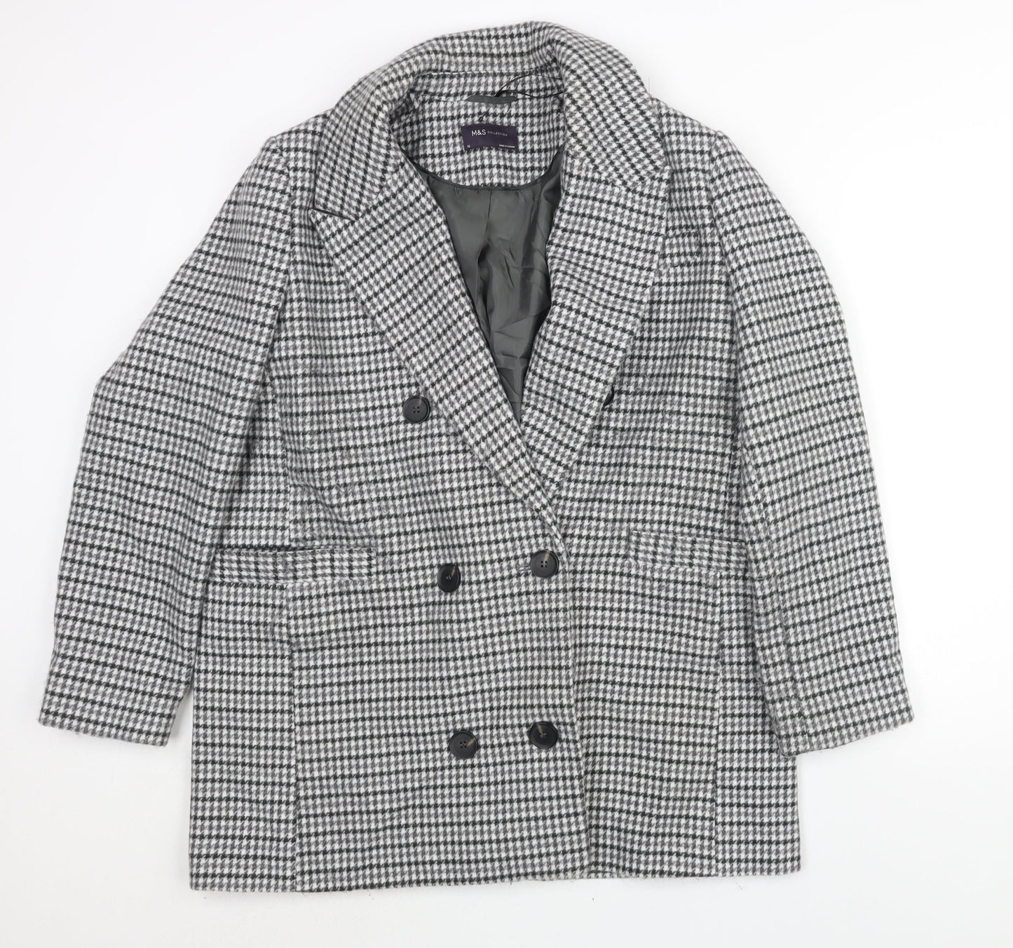 Marks and Womens Grey Check Pea Coat Coat Size 16 Button - Houndstooth Double Breasted