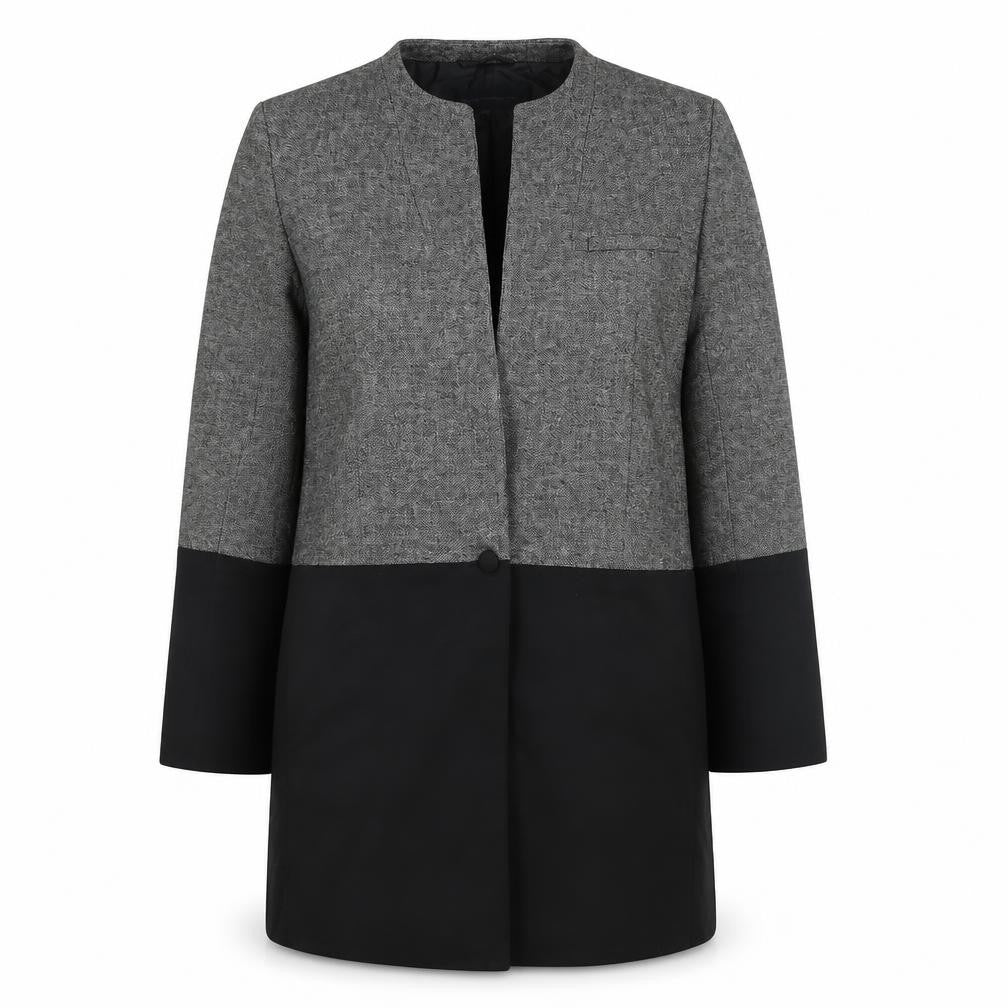 Front view of French Connection women’s grey overcoat coat, size UK 12, button - colourblock