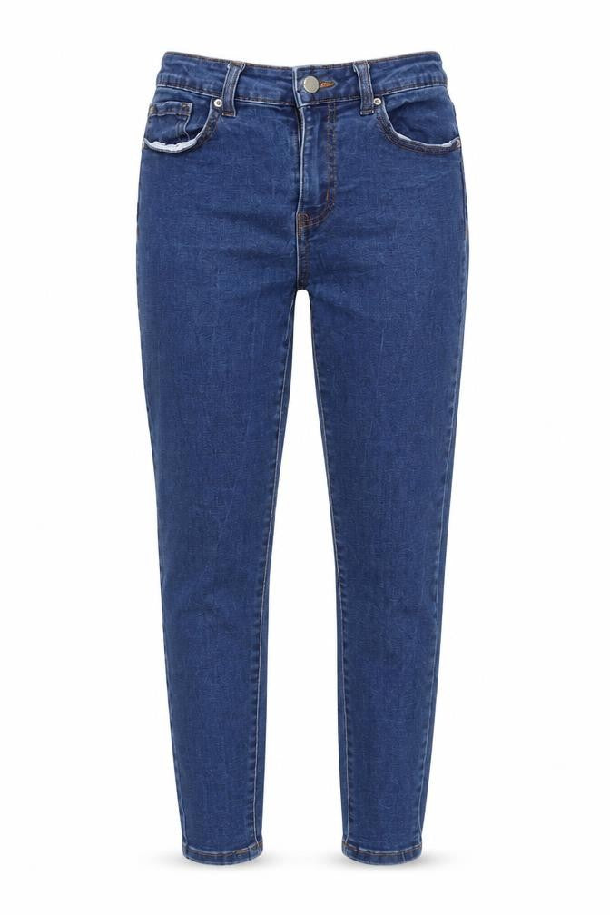 Front view of Denim & Co. women’s blue cotton blend tapered jeans, size UK 10, 25-inch leg regular zip