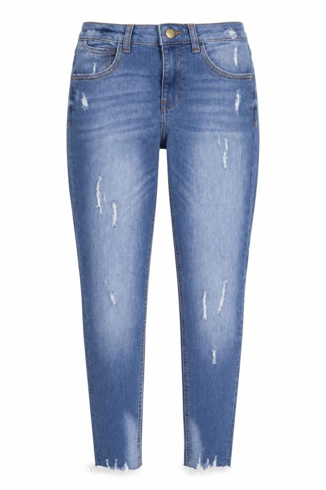 Front view of Denim & Co. women’s blue cotton blend tapered jeans, size UK 10, 28.5-inch leg regular zip
