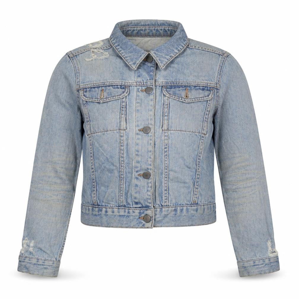 Front view of ASOS women’s blue jacket, size UK 10, zip - distressed