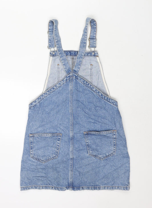 Topshop Womens Blue Cotton Pinafore/Dungaree Dress Size 6 Square Neck Buckle