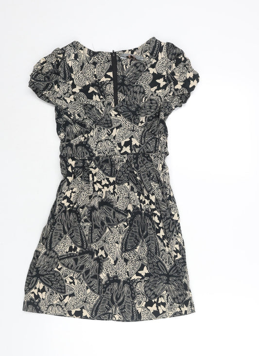 Dorothy Perkins Womens Black Geometric Cotton A-Line Size 6 V-Neck Zip - Belted Leaf Print