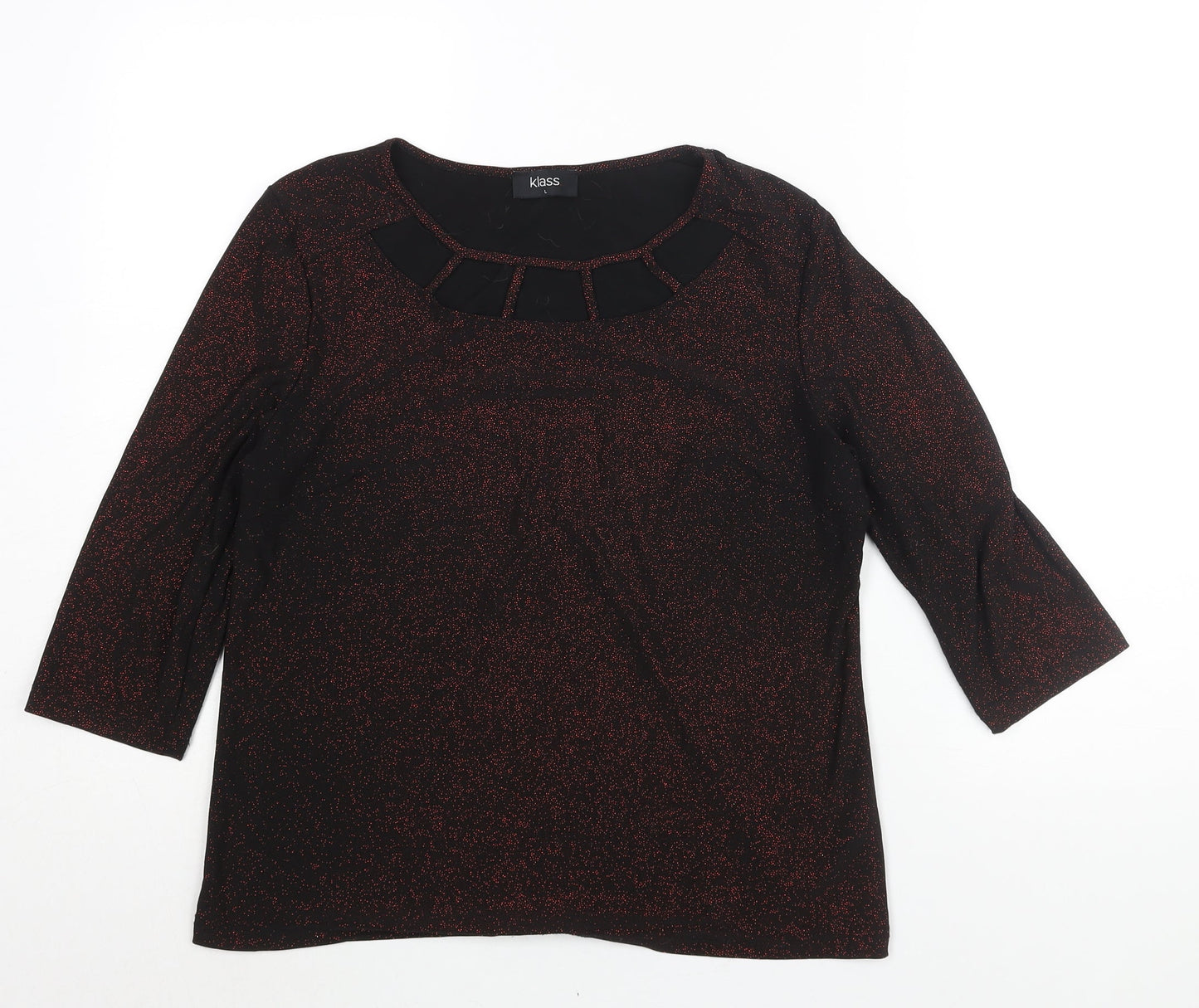 Klass Womens Black Polyester Basic Blouse Size L Round Neck - Red Glitter Cut Out