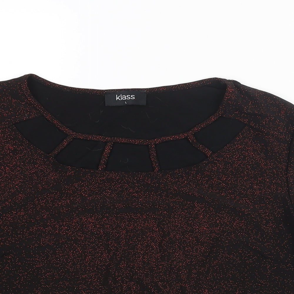 Klass Womens Black Polyester Basic Blouse Size L Round Neck - Red Glitter Cut Out