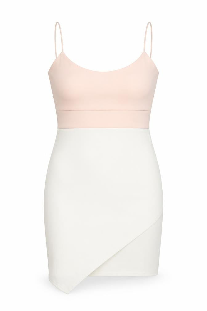 Front view of Misguided women’s pink colourblock polyester mini, size UK 10, scoop neck pullover