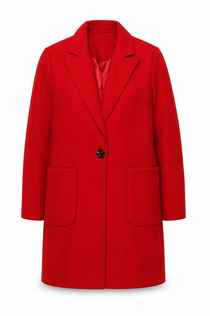 Front view of Miss Selfridge women’s red overcoat coat, size UK 12, button - pockets
