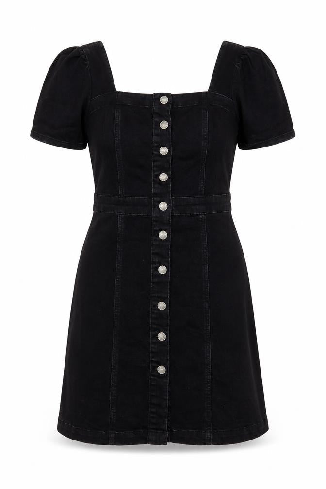 Front view of Denim & Co. women’s black cotton a-line, size UK 14, square neck button