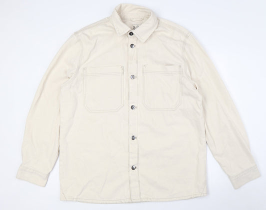 Primark Mens Ivory Cotton Button-Up Size L Collared Button