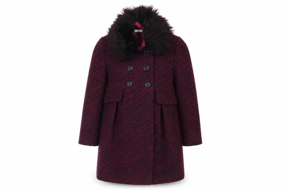 Front view of John lew girls’ purple pea coat coat, size 8, years button - faux fur collar