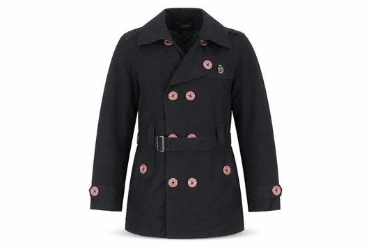 Front view of Luke men’s black pea coat coat, size S, button - belted