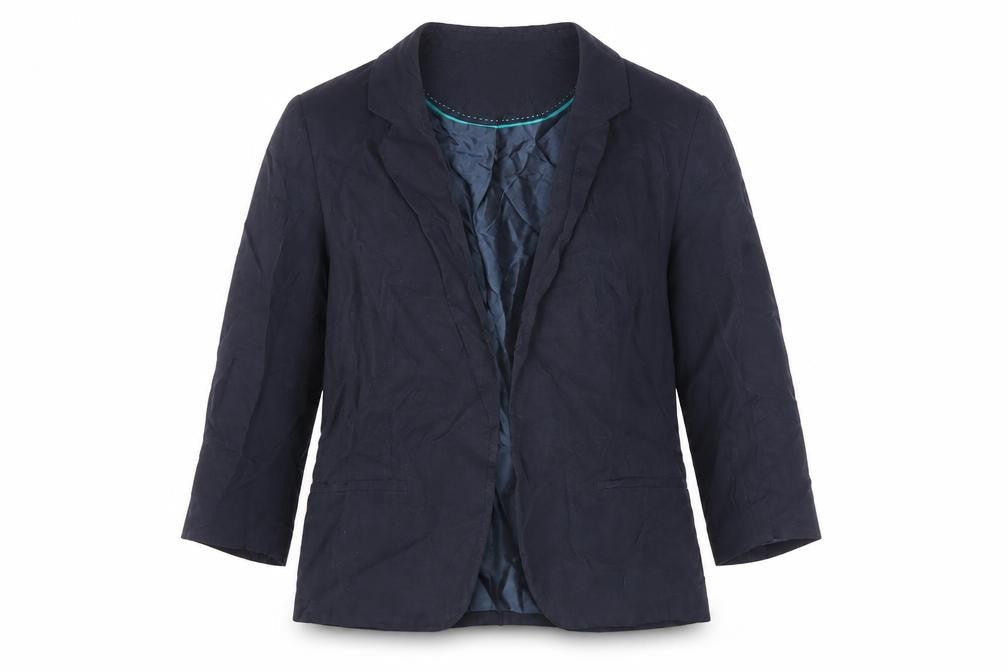 Front view of Autograph women’s blue jacket blazer, size UK 14, - open