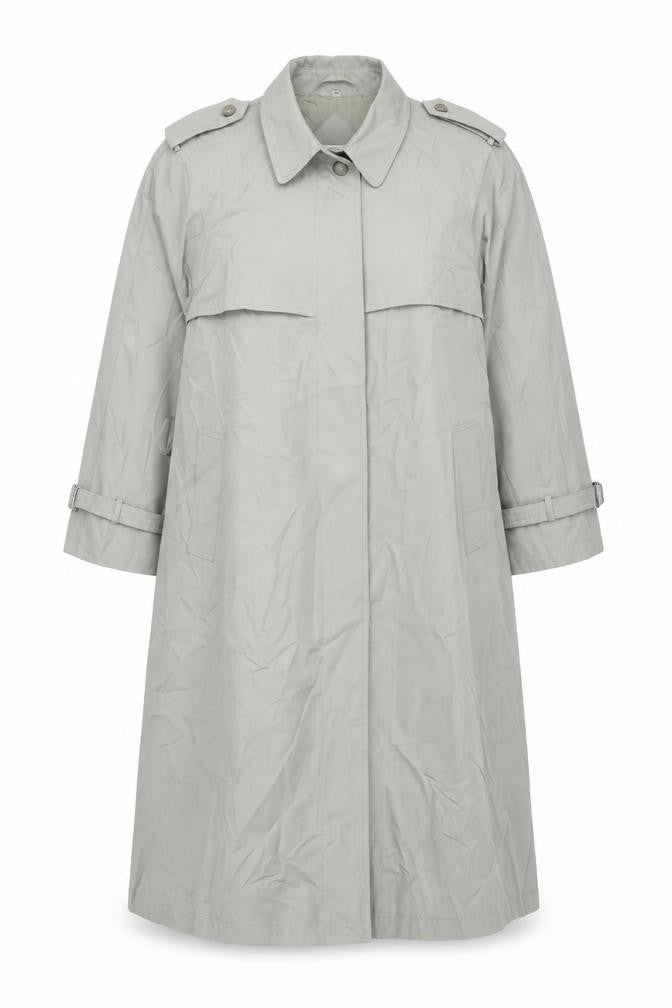 Front view of NuAge women’s grey trench coat coat, size UK 12, button