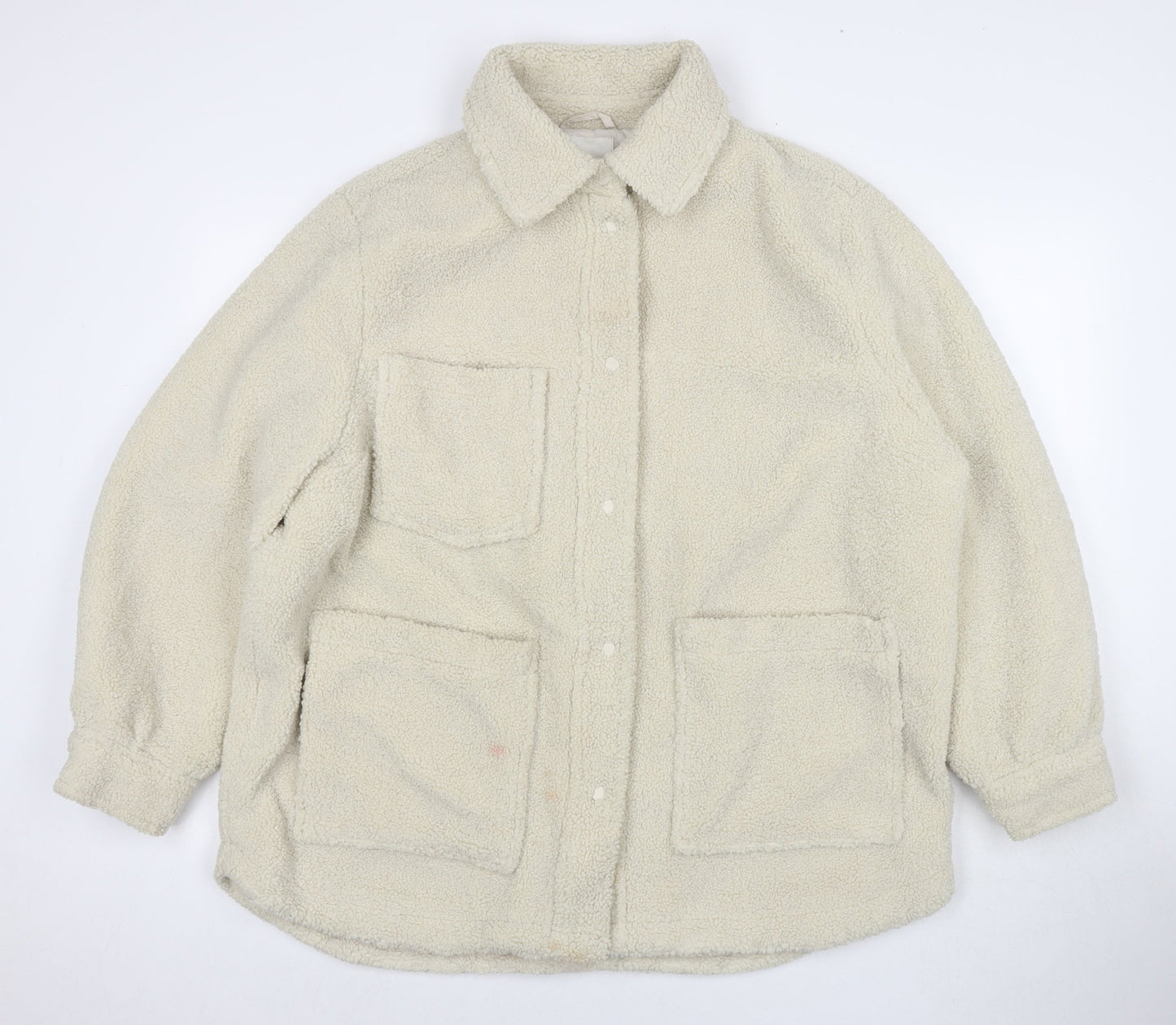 H&M Womens Ivory Overcoat Coat Size L Snap
