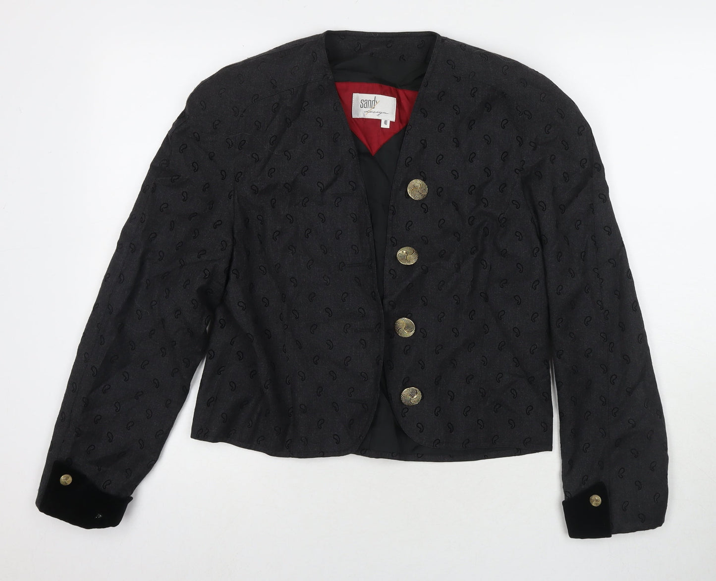 Sandy Womens Black Geometric Jacket Blazer Size 12 - Fake Button Detail
