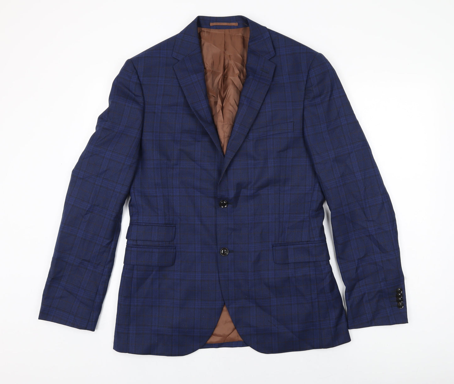 Fellini Mens Blue Plaid Wool Jacket Suit Jacket Size 40 Regular