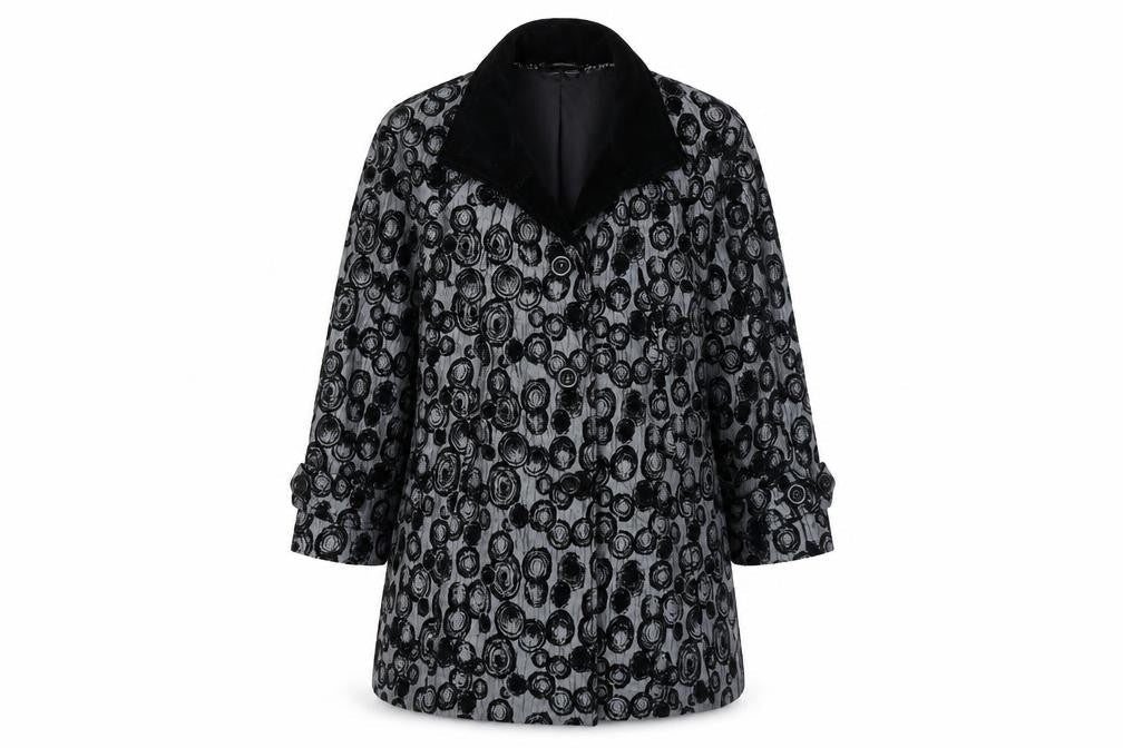 Front view of Roman women’s grey geometric overcoat coat, size M, button