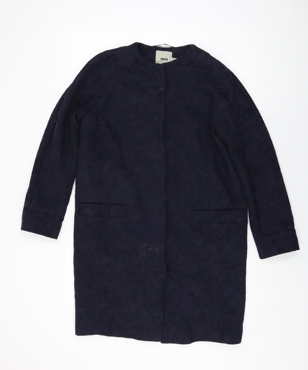 Additional front view of ASOS women’s blue floral overcoat coat, size UK 6, snap