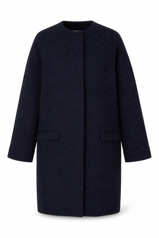 Front view of ASOS women’s blue floral overcoat coat, size UK 6, snap