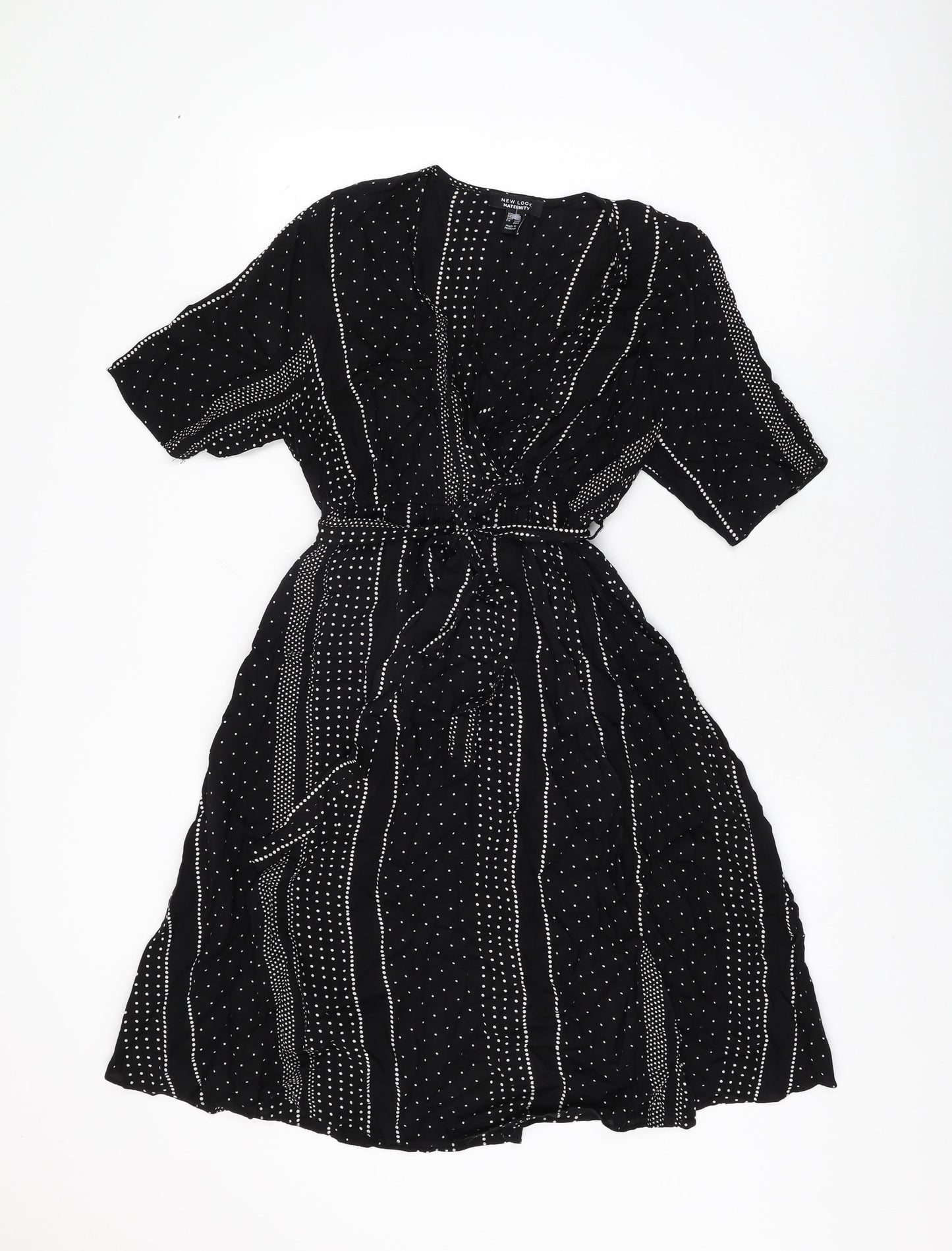 New Look Womens Black Geometric Viscose Wrap Dress Size 10 V-Neck Pullover