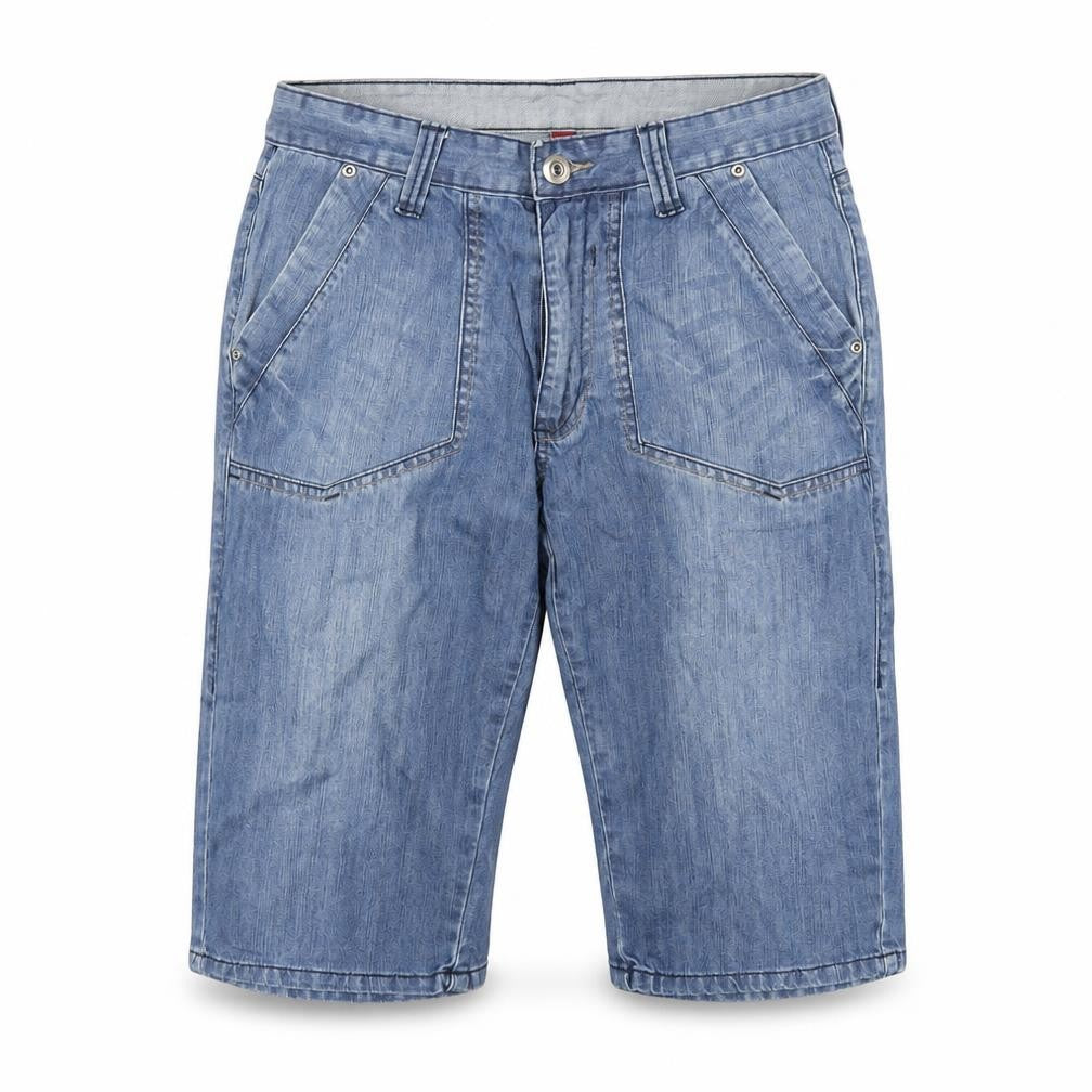 Front view of Denim & Co. men’s beige cotton bermuda shorts, size 30, in, 14-inch leg regular zip