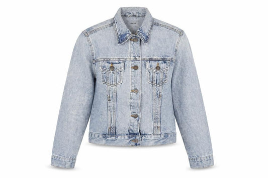 Front view of Denim & Co. women’s blue jacket, size UK 6, button
