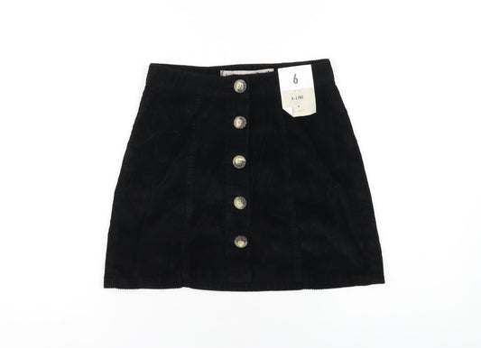 Denim & Co. Womens Black Cotton A-Line Skirt Size 6 Button