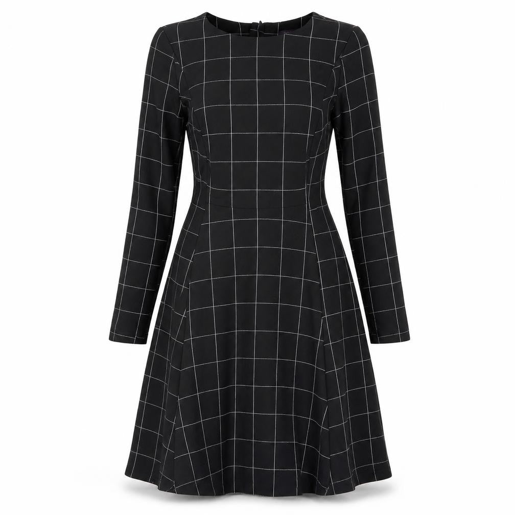 Marks and Spencer Womens Black Check Viscose A-Line Size 8 Round Neck Zip