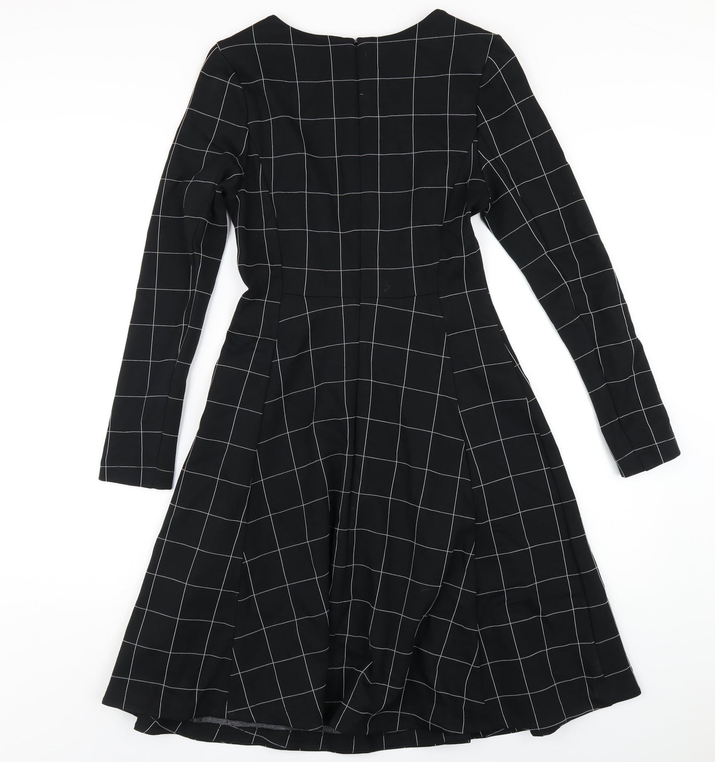 Marks and Spencer Womens Black Check Viscose A-Line Size 8 Round Neck Zip